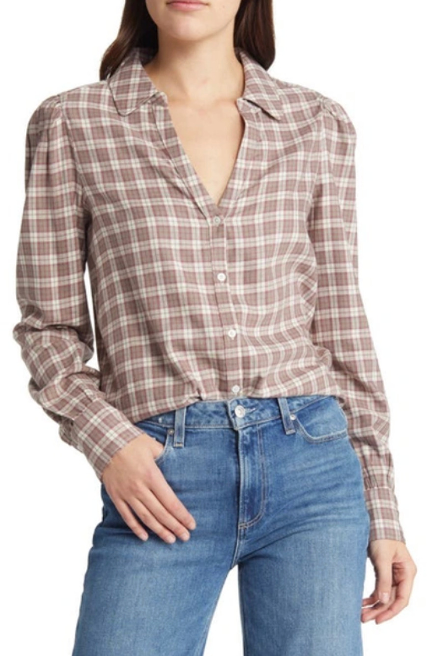 Paige Top Womens Large Burgundy Cream Plaid Josslyn Blouse Cotton Long Sleeve